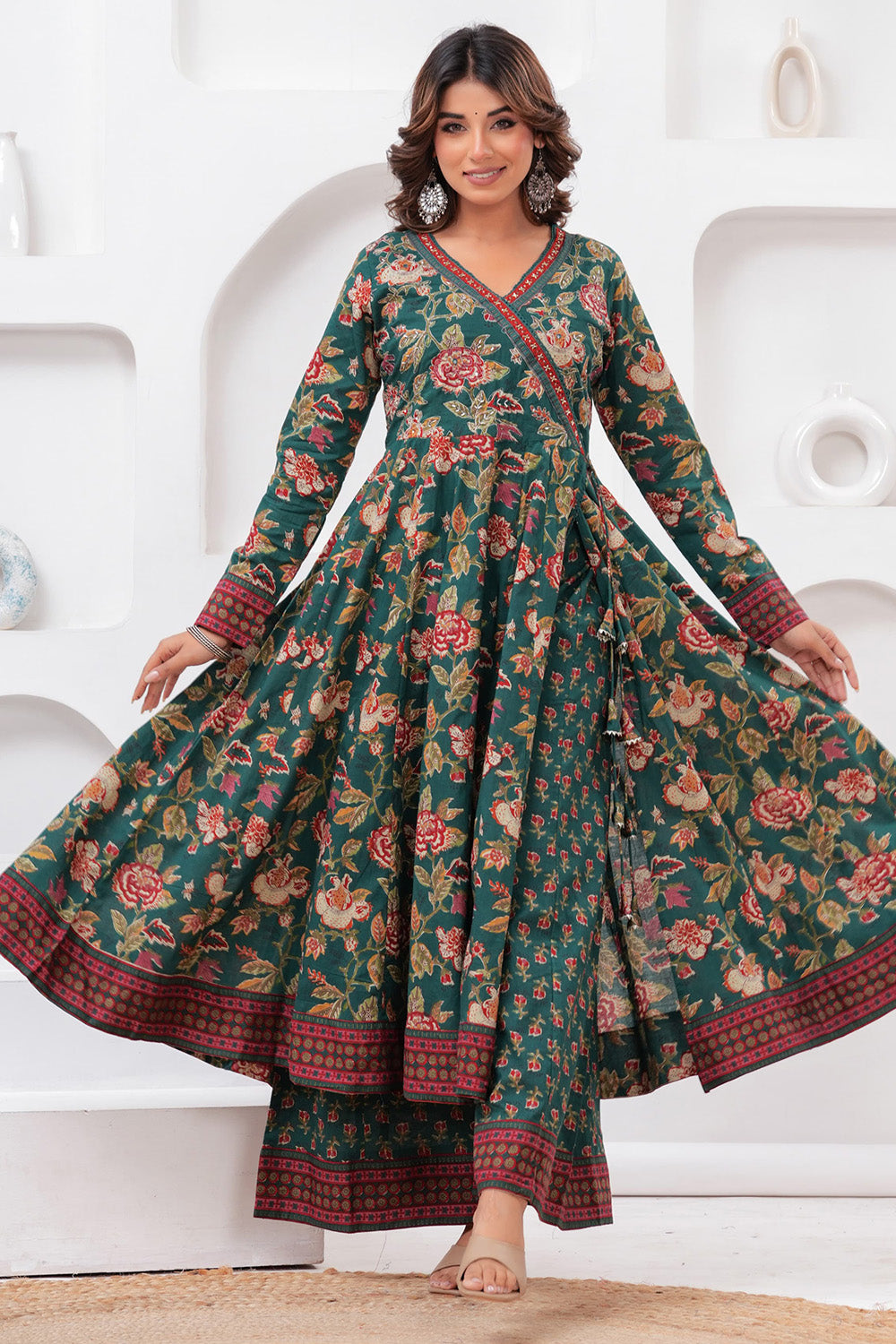 Green Color Floral Printed Cotton Anarkali Suit With Palazzo