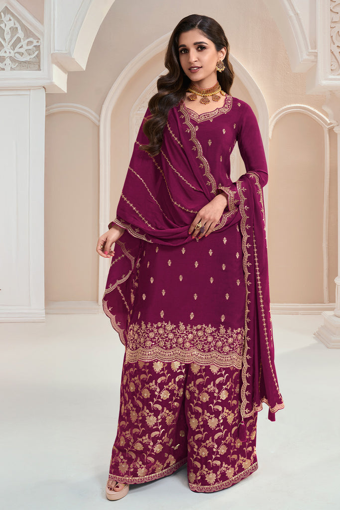 Purple Color Georgette Embroidered Unstitched Suit Material With Readymade Woven Palazzo