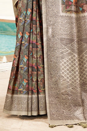 Beige & Grey Color Cotton Silk Printed Saree