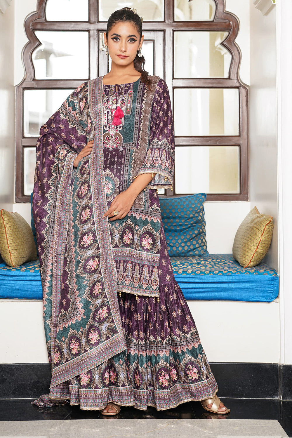 Purple Color Crepe Printed Suit With Gharara