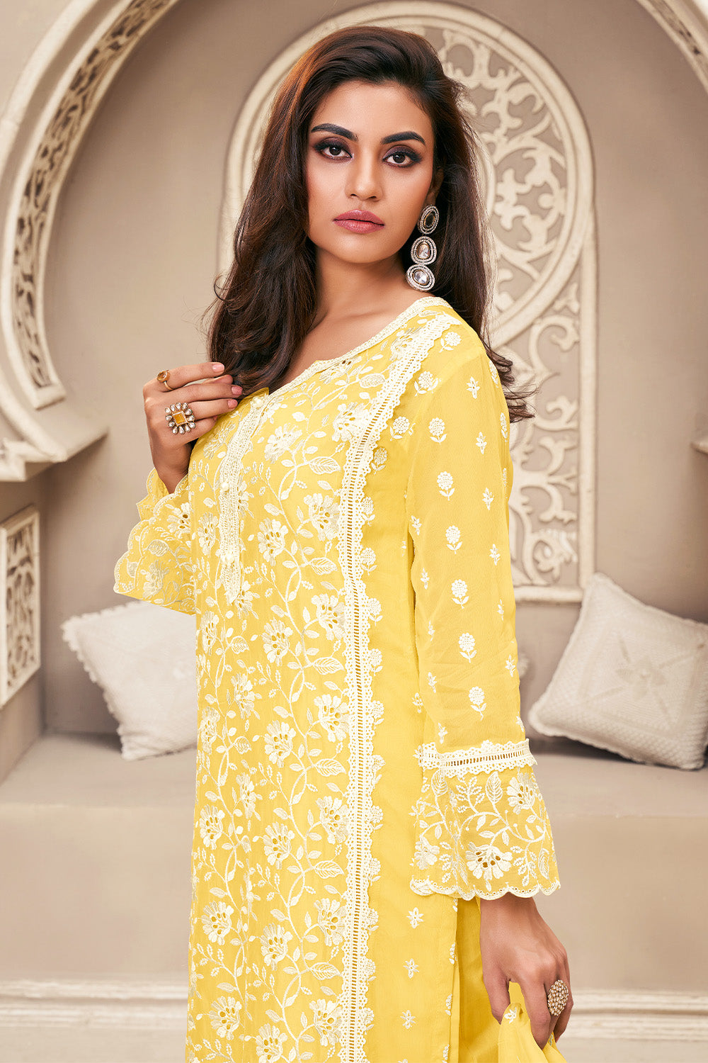 Yellow Organza Resham Embroidered Straight Suit with Lining