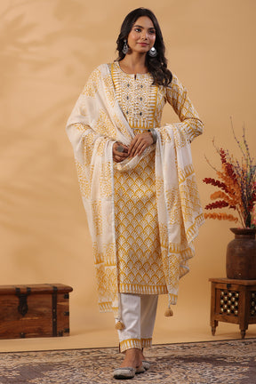 Mustard Color Printed Cotton Straight Suti