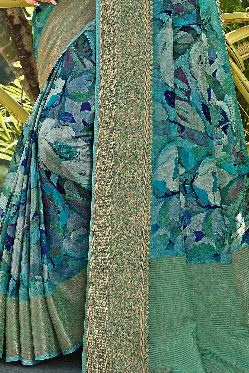 Deep Aqua Color Modal Silk Printed & Woven Saree