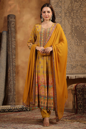 Mustard Color Crepe Silk Printed & Mirror Work Anarkali Suit