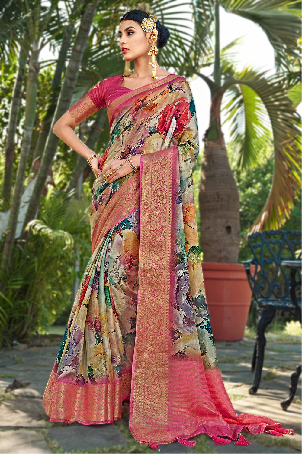 Burnt Pink Color Modal Silk Printed & Woven Saree