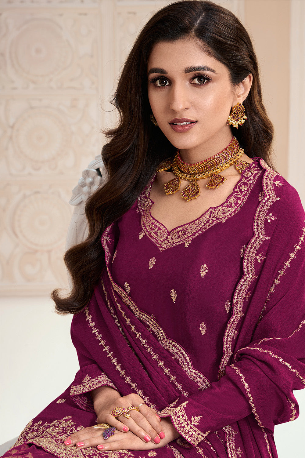 Purple Color Georgette Embroidered Unstitched Suit Material With Readymade Woven Palazzo