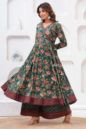 Green Color Floral Printed Cotton Anarkali Suit With Palazzo