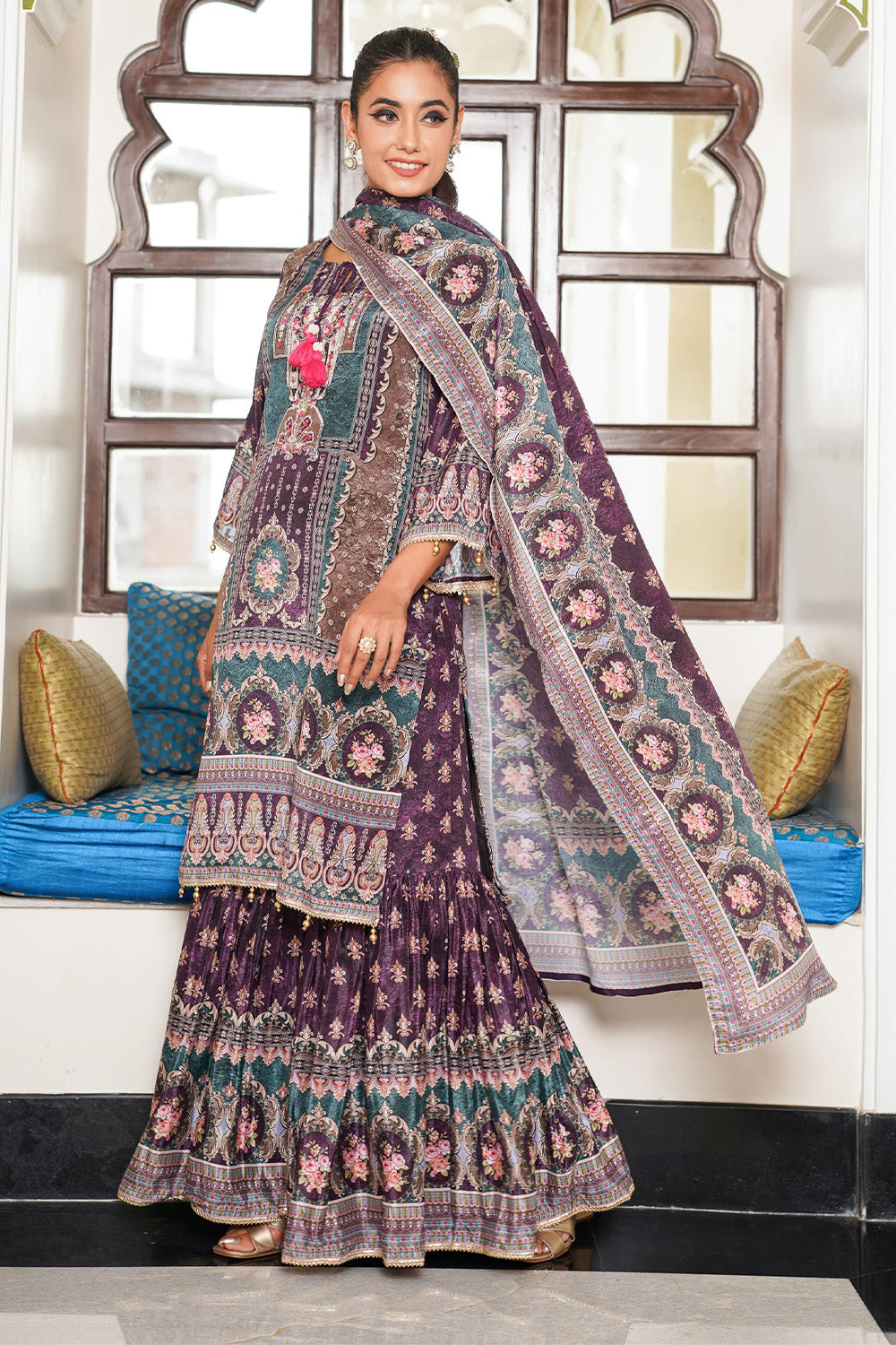 Purple Color Crepe Printed Suit With Gharara