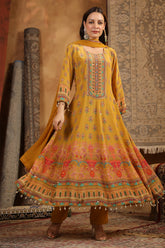 Mustard Color Crepe Silk Printed & Mirror Work Anarkali Suit