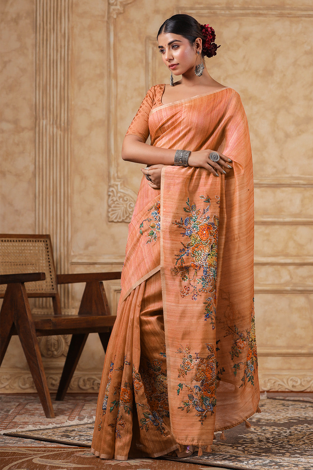 Brown Color Tussar Silk Saree
