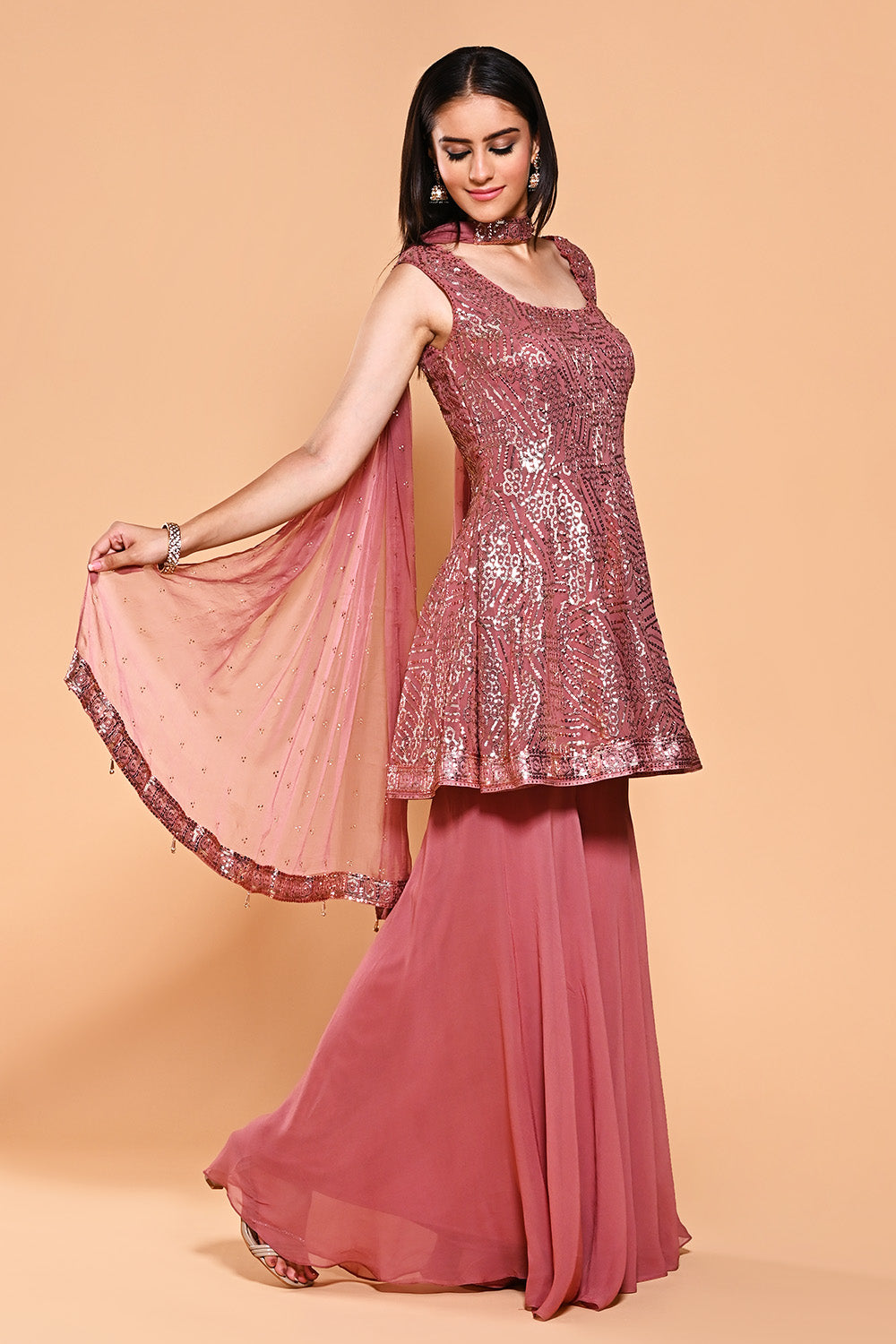 Dusty Pink Color Sequins Embroidered Georgette Peplum Gharara Suit