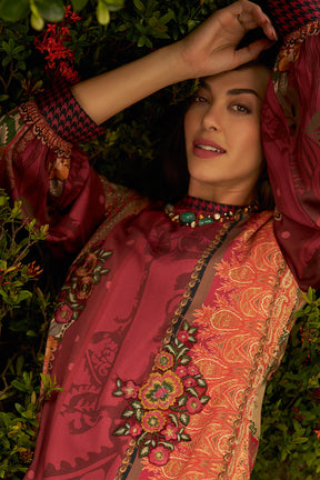 Maroon Colour Resham Embroidered And Printed Unstitched Suit