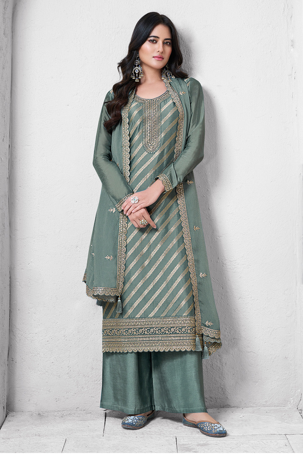 Sea Green Organza Zari Woven And Embroidered Unstitched Suit Material