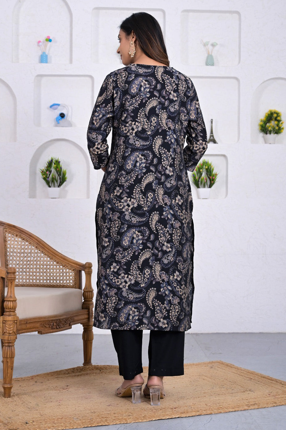 Black Color Printed Muslin Straight Suit