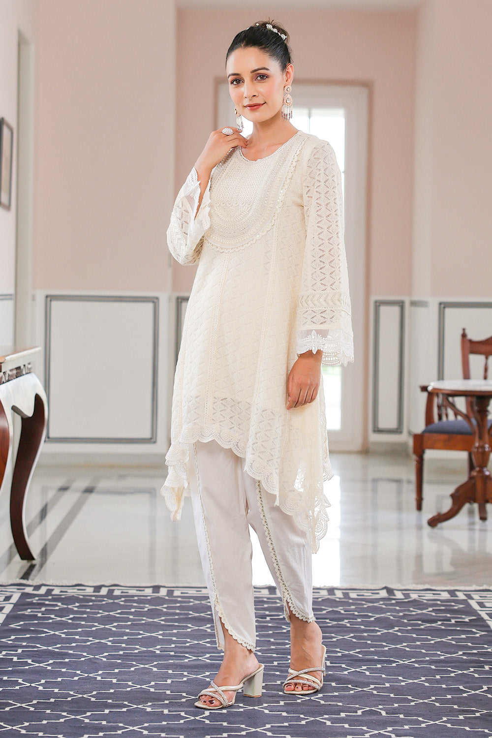 Cream Color Cotton Chikankari Kurta Set