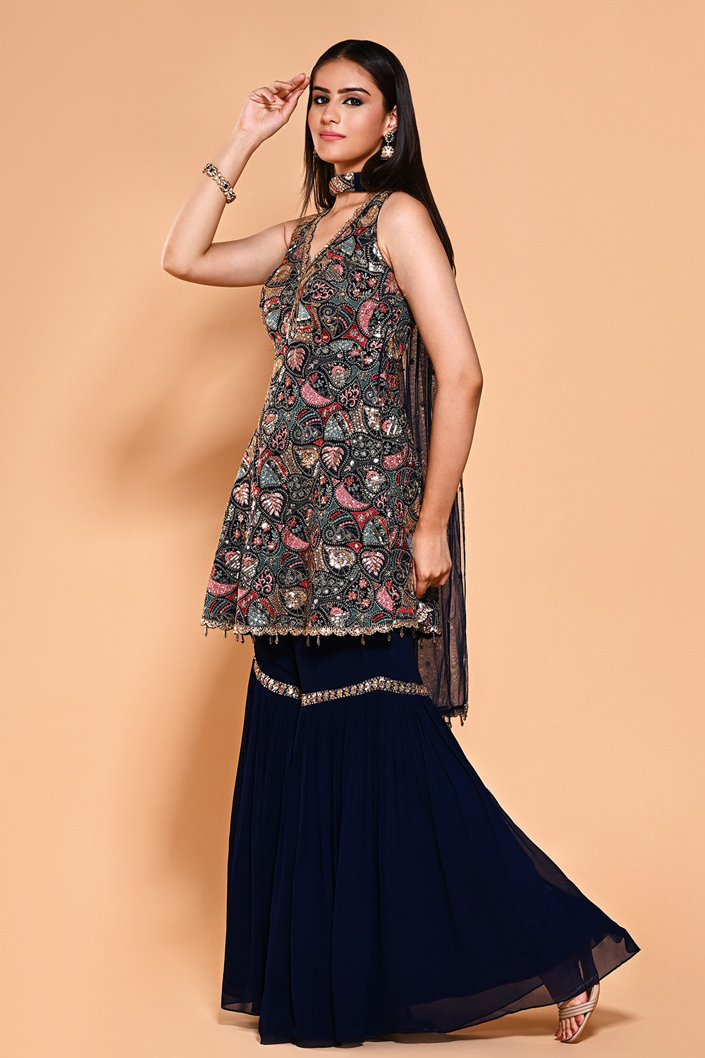 Navy Color Sequins & Resham Embroidered Georgette Peplum Gharara Suit