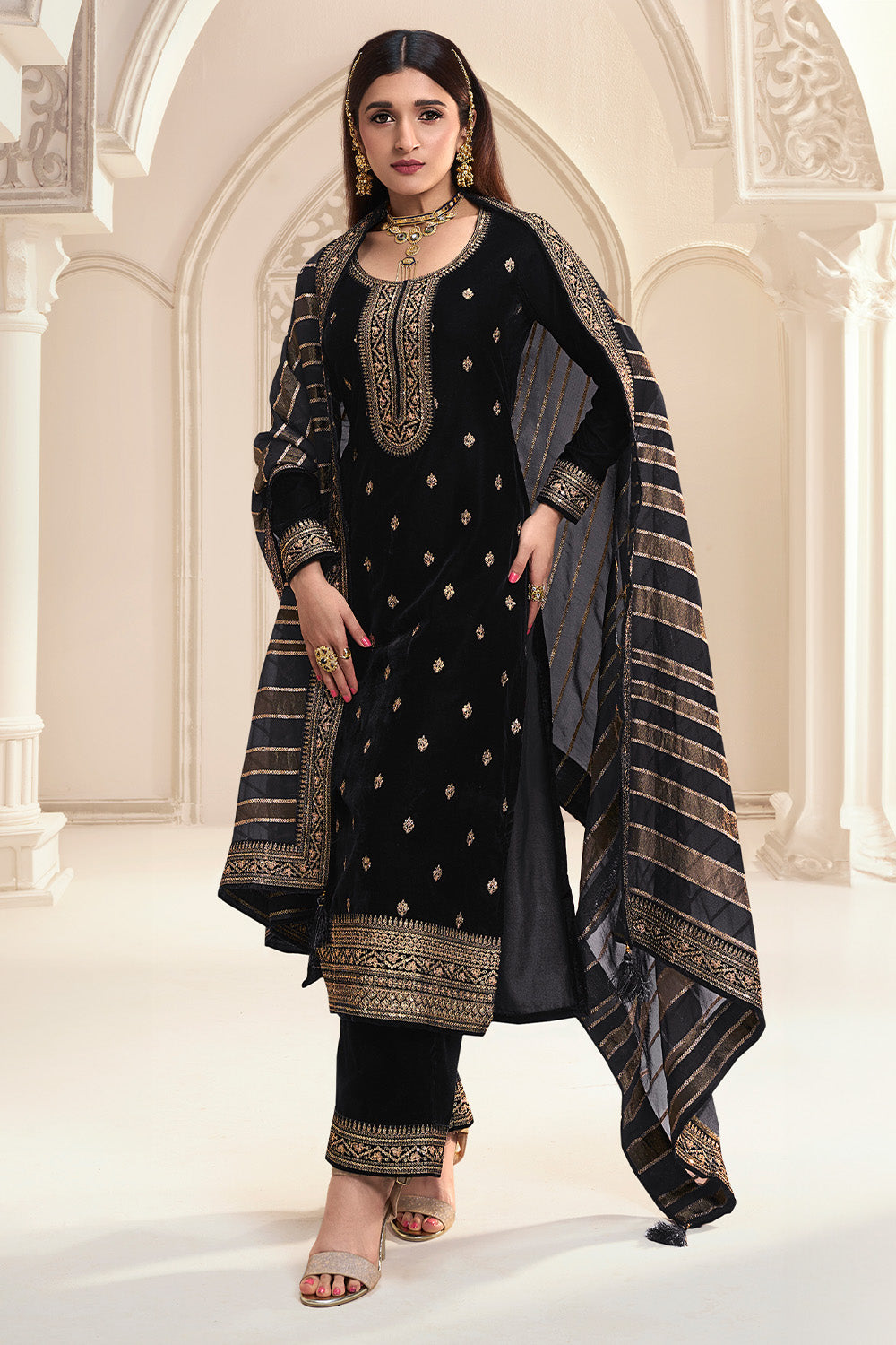 Black Color Embroidered Velvet Unstitched Suit Material