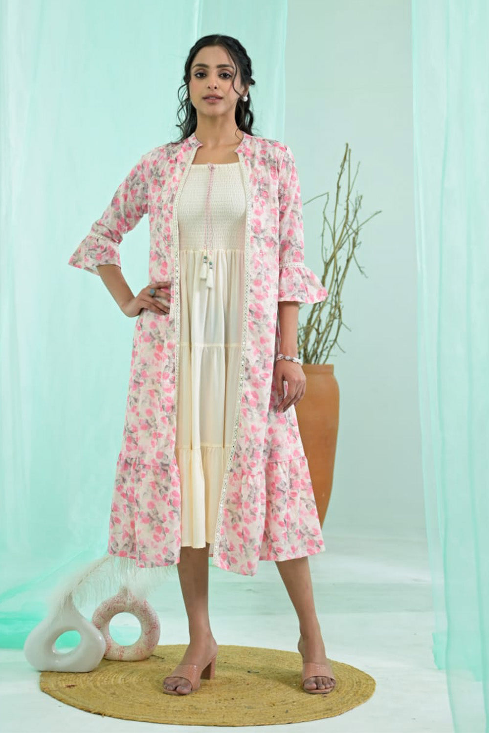 Cream & Pink Color Cotton Printed  Peonies Dress With Hakoba Style Long Jacket