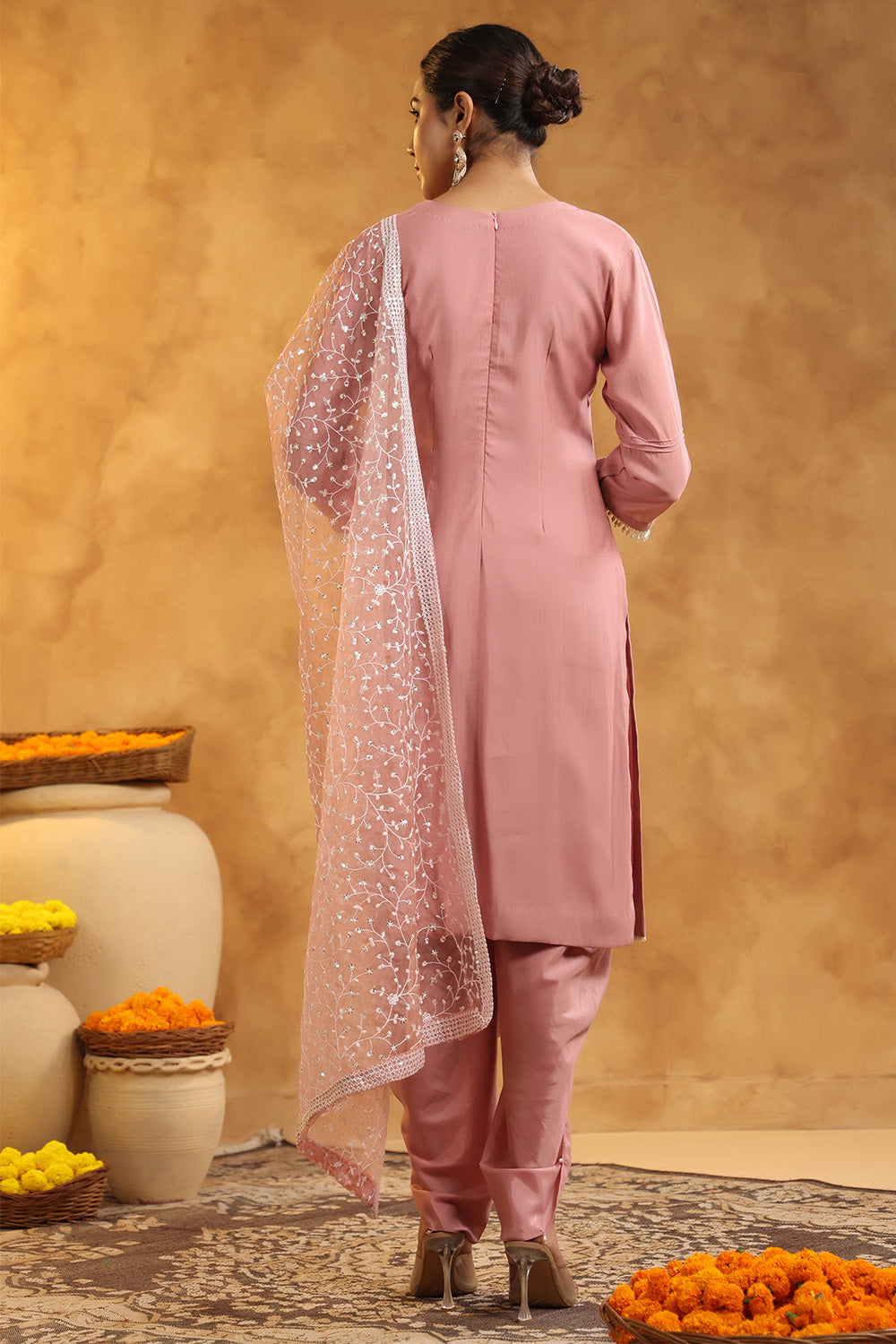 Dusty Pink Color Cotton Neck Embroidered Unstitched Suit Fabric