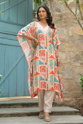 Beige Color Muslin Printed Kaftan Set