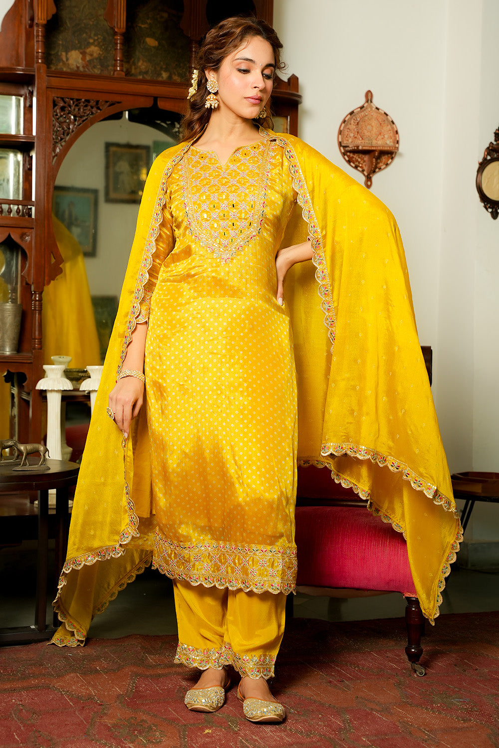 Mustard Color Embroidered Crepe Straight Suit