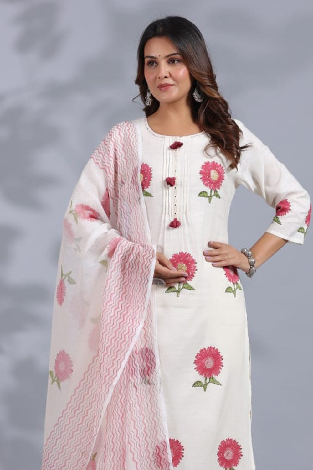 Cream Colour Khadi Cotton Floral Printed Suit