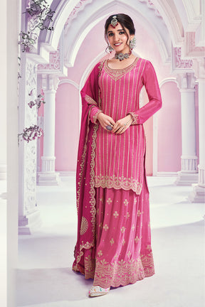 Pink Color Chinon Crepe Embroidered Unstitched Suit Fabric With Stitched Sharara