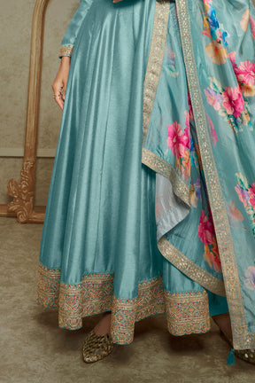 Powder Blue Silk Embroidered Anarkali Suit