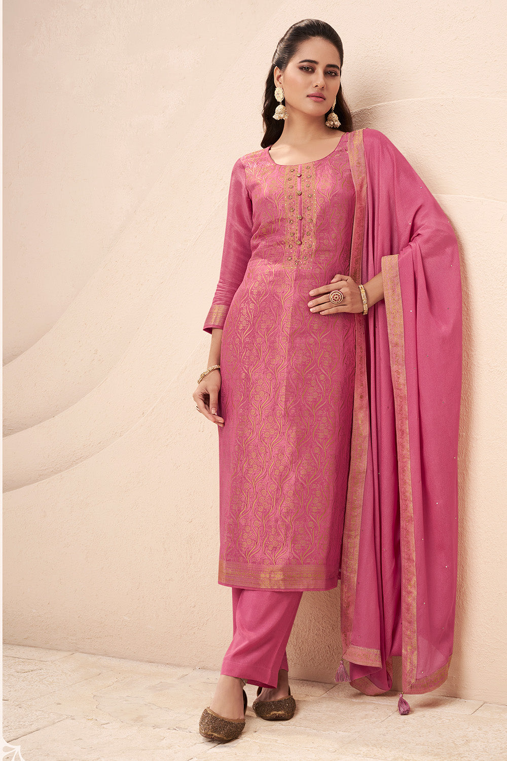 Tulip Pink Color Tissue Silk Zari Woven Unstitched Suit Fabric