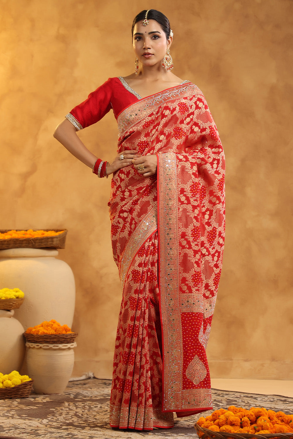 Red Color Khhadi Georgette Woven Saree