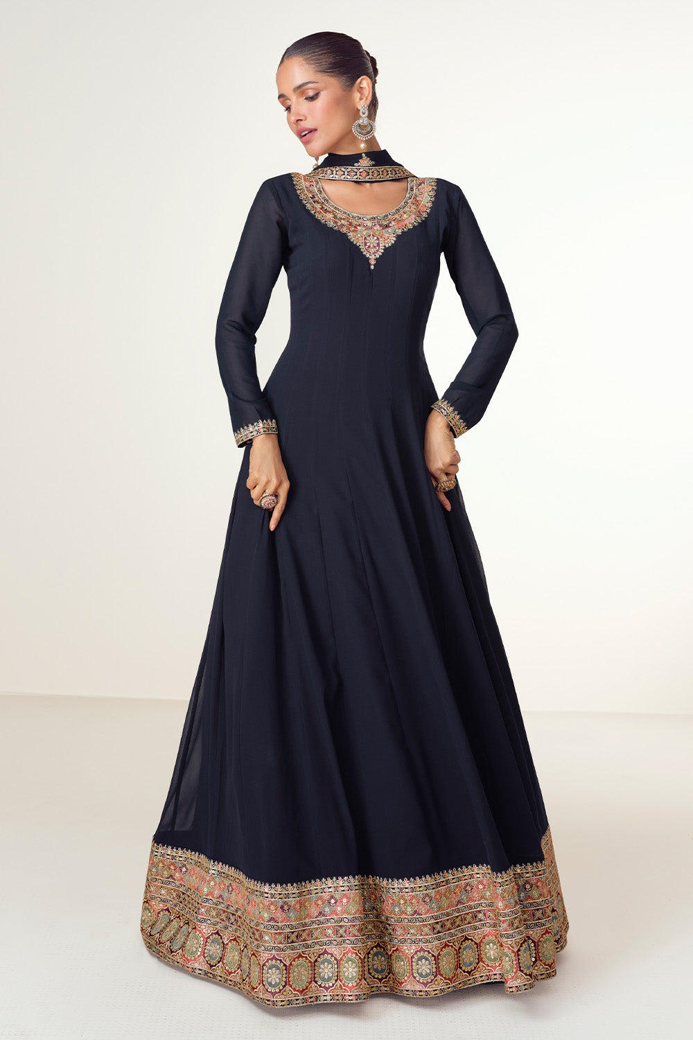 Navy Color Georgette Embroidered Anarkali Kurti With Dupatta