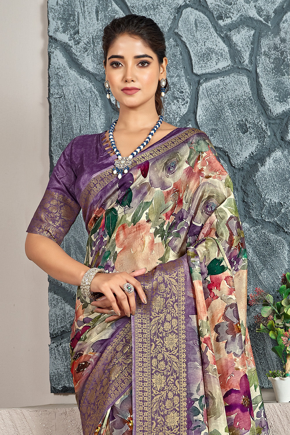 Dusty Lavender Color Printed & Woven Modal Silk Saree