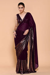 Dark Scarlet & Golden Color Georgette Sequins Embroidered Saree