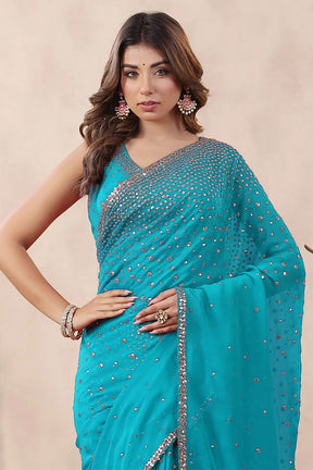 Turquoise Color Embroidered Georgette Saree With Readymade Blouse