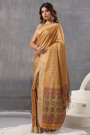 Mustard Colour Cotton Printed Saree With Stunning Woven Border