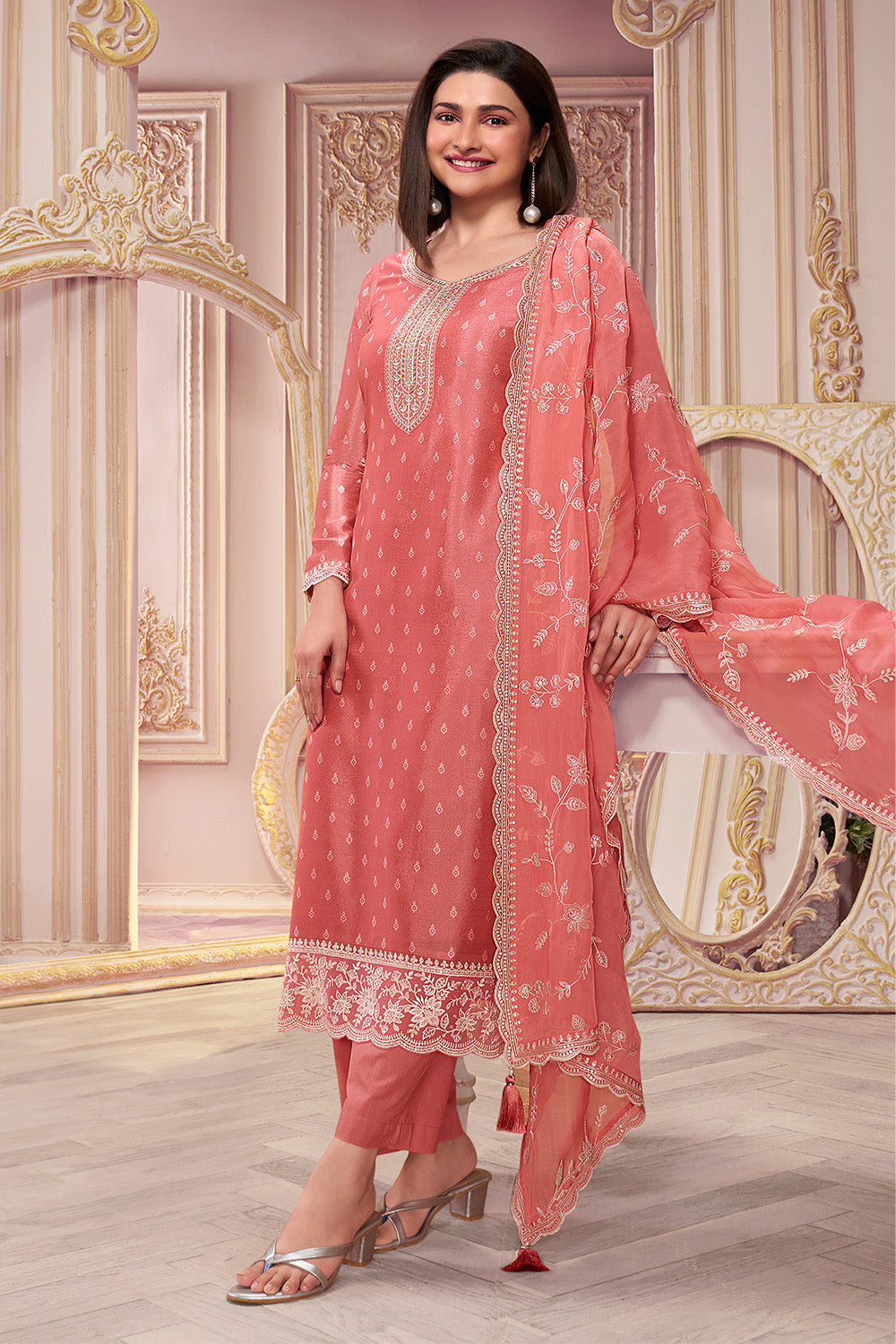 Peach Color Embroidered Silk Unstitched Suit Material