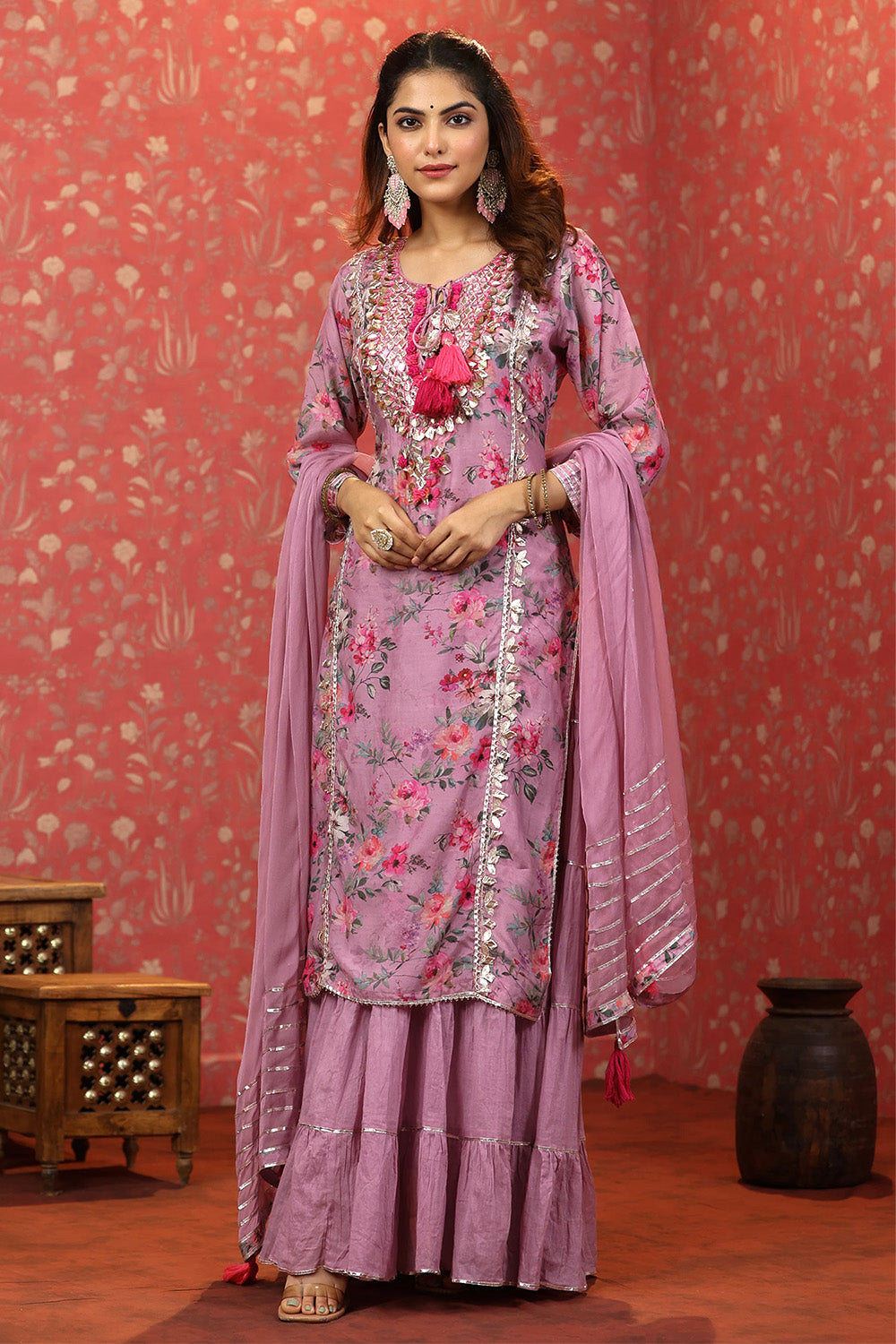 Mauve Color Muslin Embroidered & Floral Printed Kurta Set With Stitched Skirt