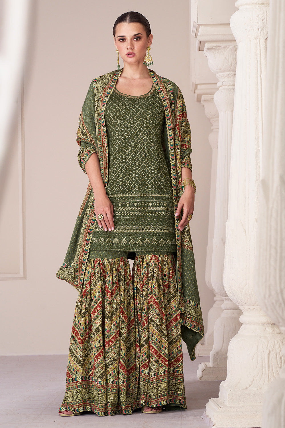 Green Color Sequins & Swarovski Embroidered Silk Peplum Gharara Suit