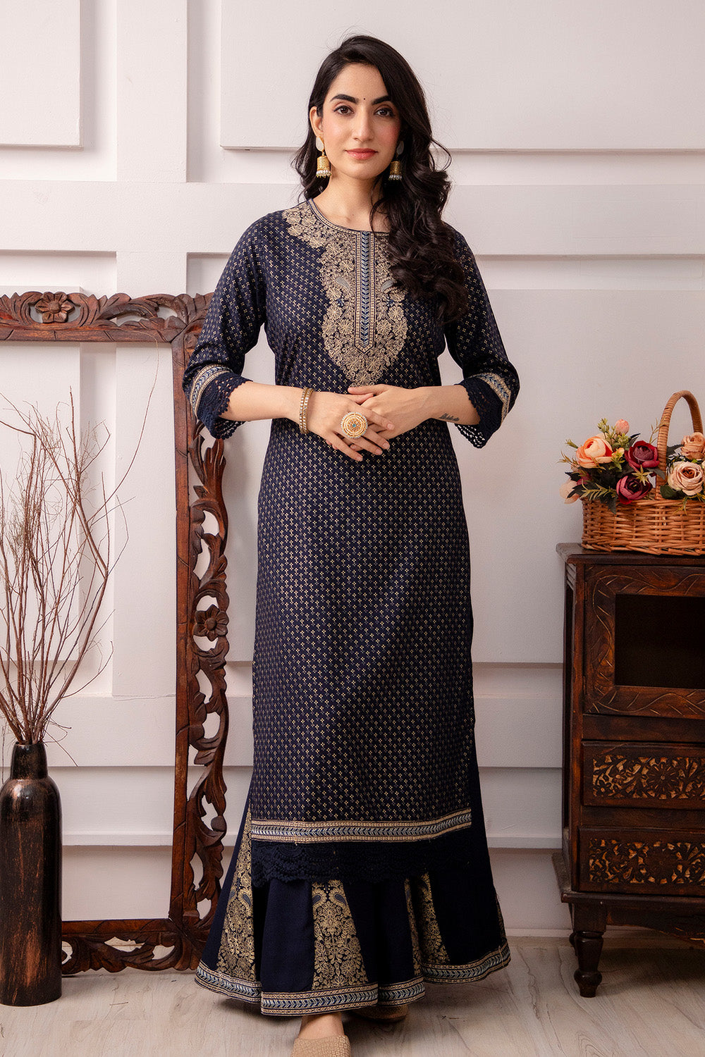 Navy Color Cotton Printed Sharara Suit