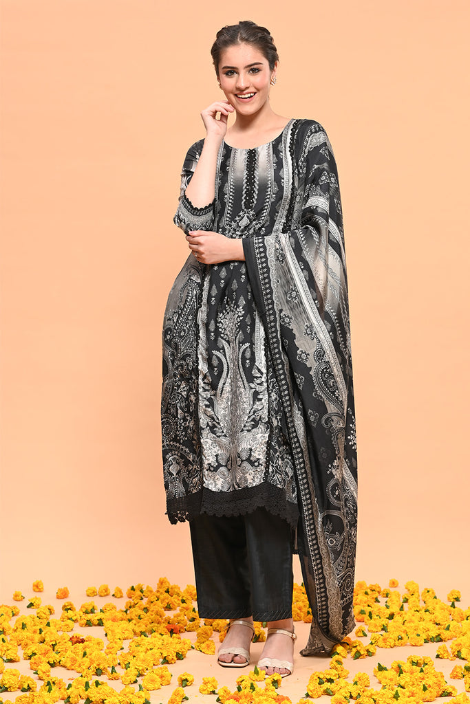 Black Color Muslin Printed Suit