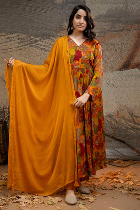 Mustard Yellow Mirror Sequin And Zari Embroidered Anarkali Suit With Mesh  Dupatta - Hijab Online