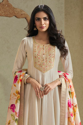 Cream Color Silk Embroidered Anarkali Suit