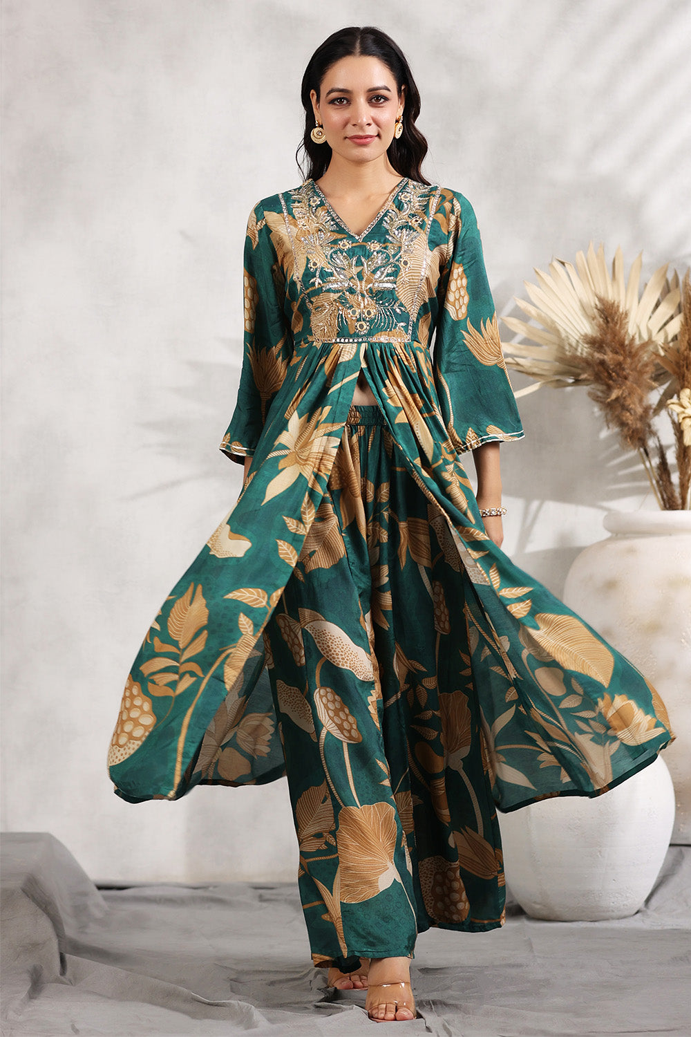 Teal Color Neck Embroidered & Printed Muslin Kurta Set