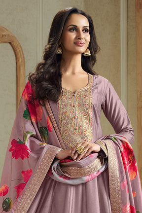 Dusty Mauve Silk Embroidered Anarkali Suit