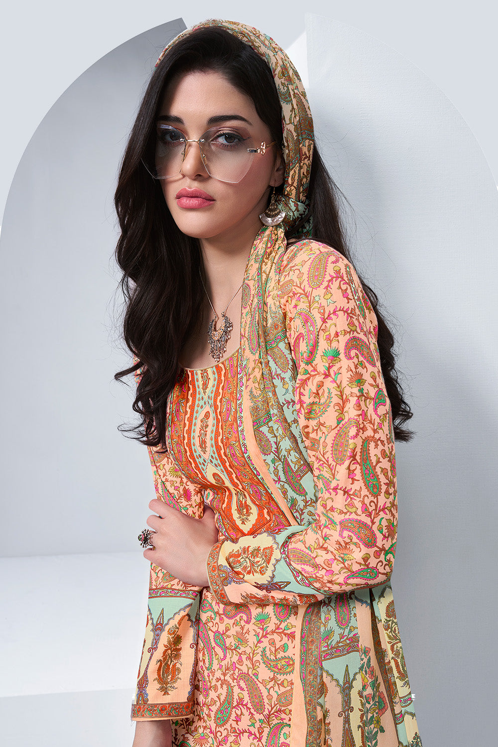 Peach Color Digital Printed Cotton Unstitched Suit Material