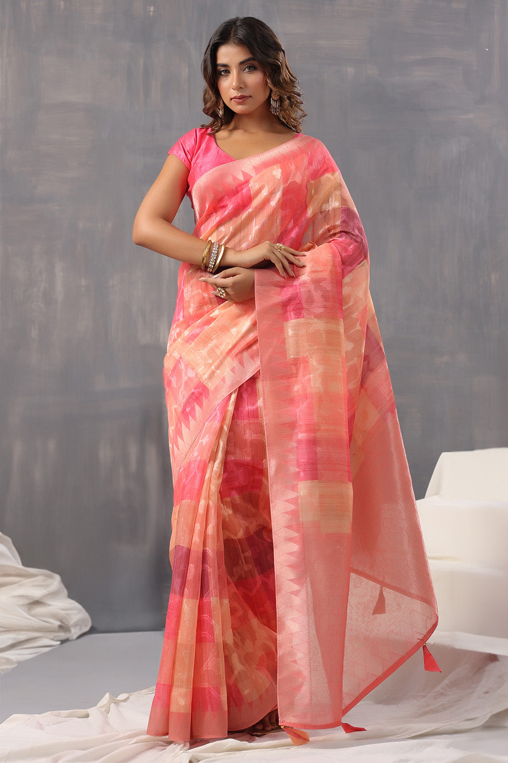 Coral Color Organza Woven Saree