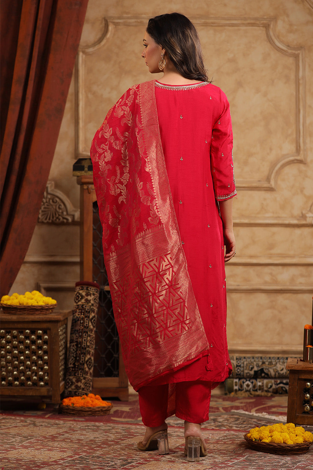 Red Color Silk Embroidered Straight Suit With Woven Dupatta