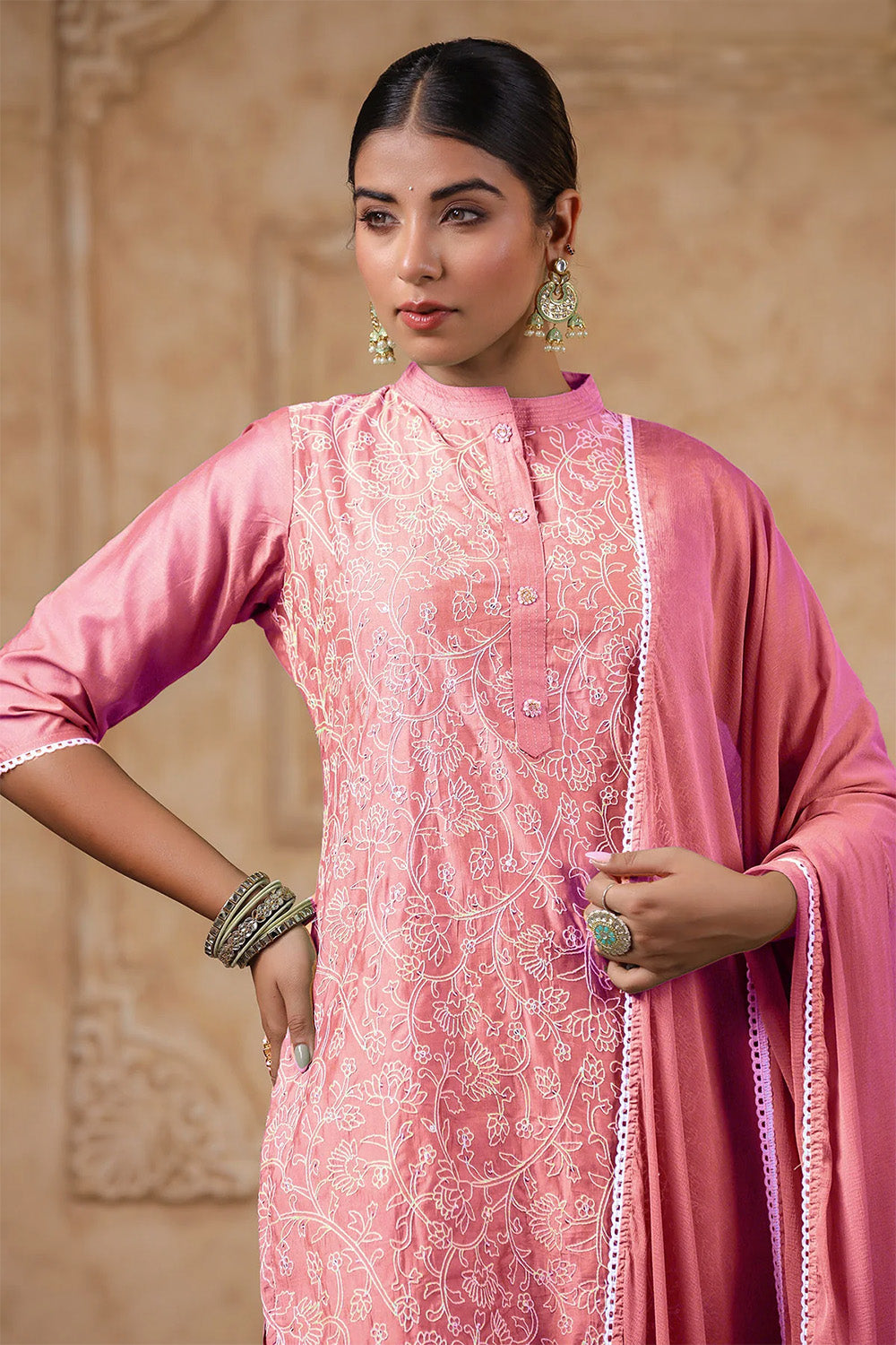 Pink Color Chanderi Resham Embroidered Straight Suit