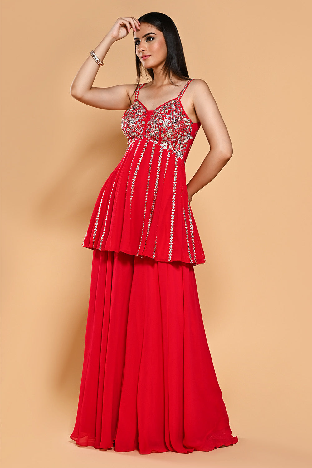 Red Color Embroidered Georgette Peplum Sharara Suit