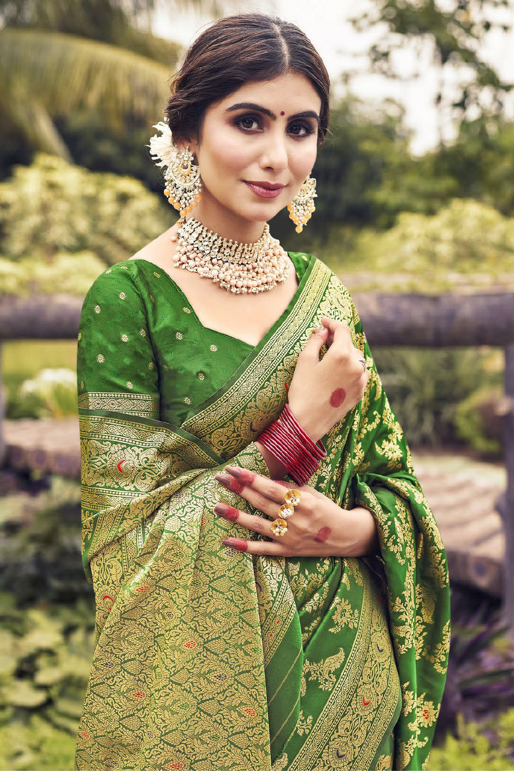 Green Color Pathani Work Banarasi Silk Saree